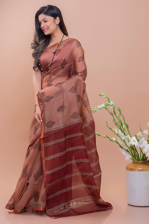 Classic Elegance Bagru Block Printed Red Ornate Kota Doria Saree Online 