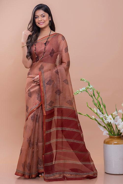 Classic Elegance Bagru Block Printed Red Ornate Kota Doria Saree Online 