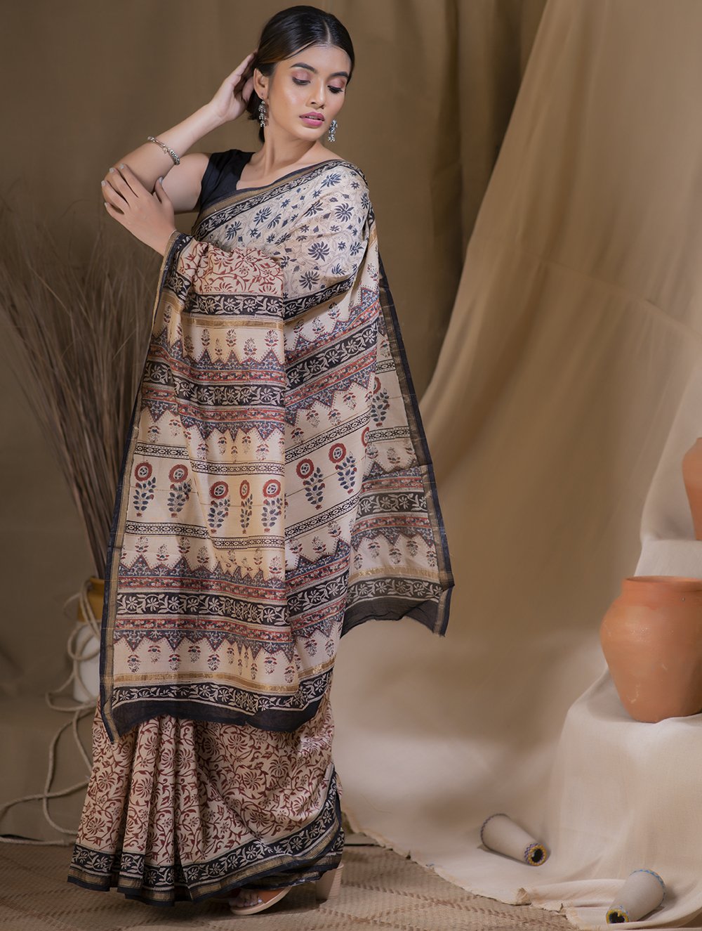  Floral Grace Bagru Block Printed Chanderi Silk Saree Online