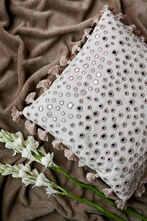 Okhai 'Moon' Mirror Work Cotton Cushion Cover