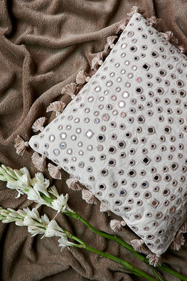 Okhai 'Moon' Mirror Work Cotton Cushion Cover
