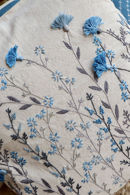 Okhai 'Blue Poppy' Hand Embroidery Cushion Cover