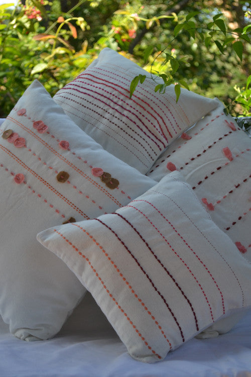 Porgai 'Living Coral A' Hand Embriodered Cotton Cushion Cover White