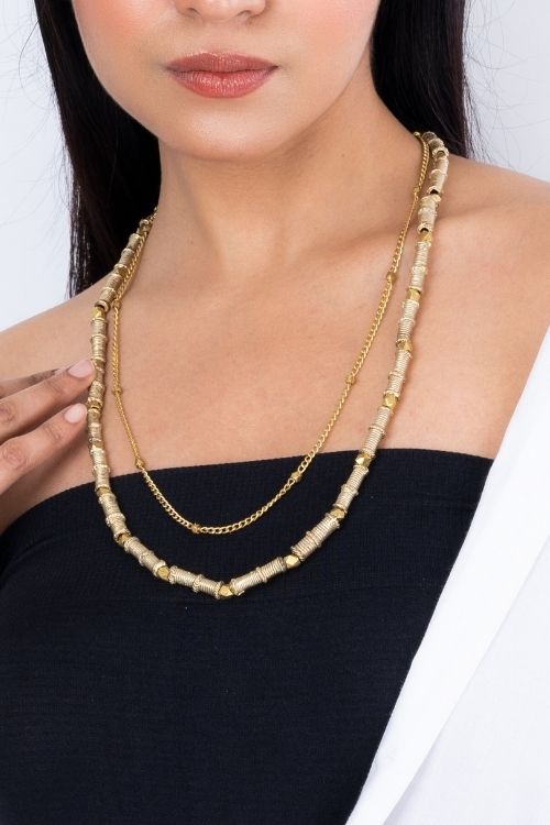Miharu Long Pipe Beaded Layered Dokra Necklace