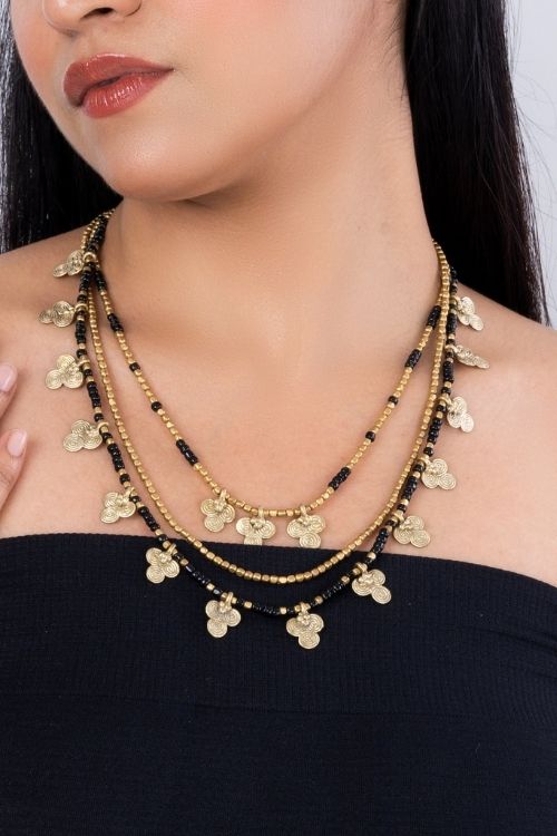 Miharu Floral Dokra Charms Multi Layered Necklace (Black)