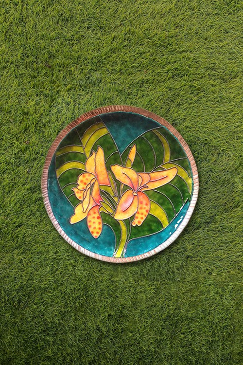 Copper Enamel Wall Plate "Gardens of Vishwakarma, Greens -Canna-S" by Ekibeki