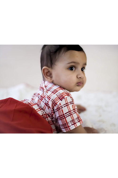 Whitewater Kids Unisex Organic Checks Angrakha Top With Red Pants