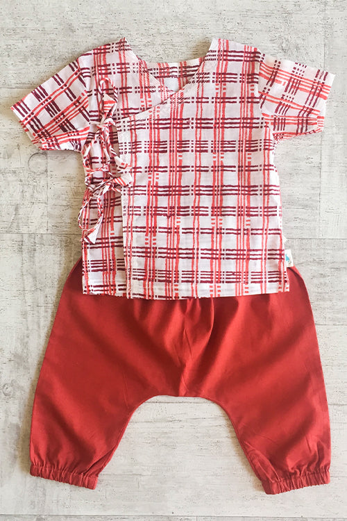 Whitewater Kids Unisex Organic Checks Angrakha Top With Red Pants