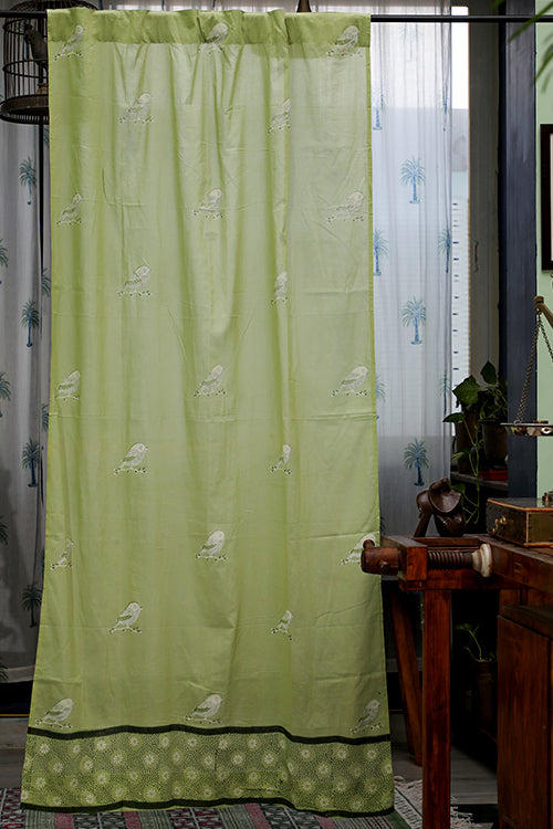 SootiSyahi 'Garden Sparrow- Pastel Green' Handblock Printed Cotton DoorCurtain