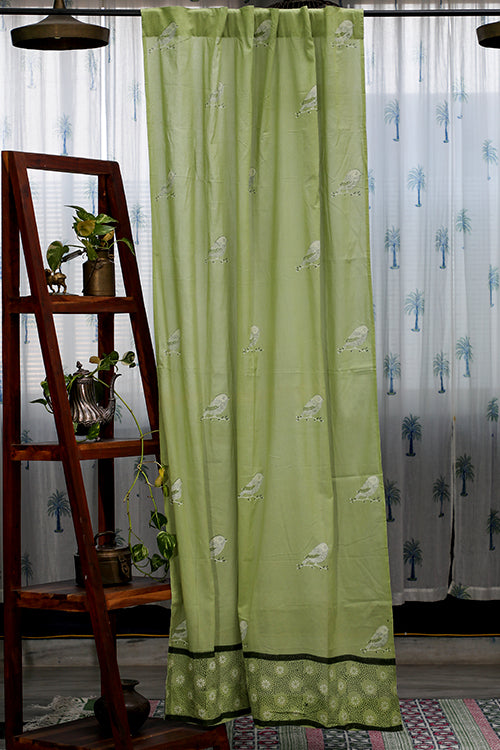 SootiSyahi 'Garden Sparrow- Pastel Green' Handblock Printed Cotton DoorCurtain