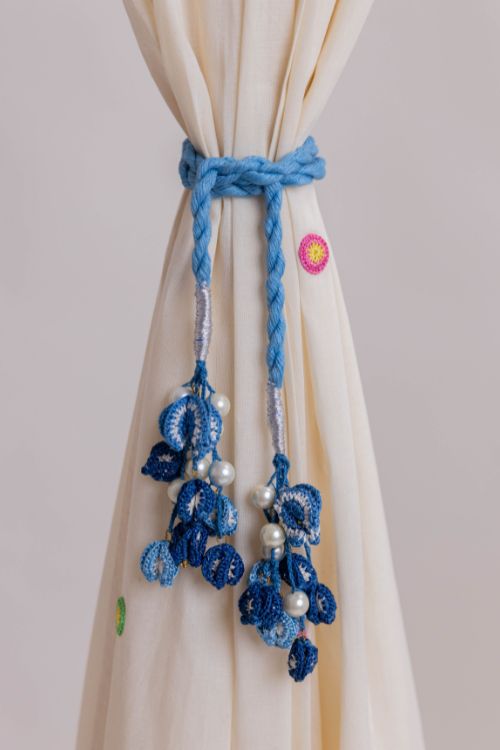 Samoolam Handmade Crochet Curtain Tie Backs Kono Blue Bougainvillea Flowers Set