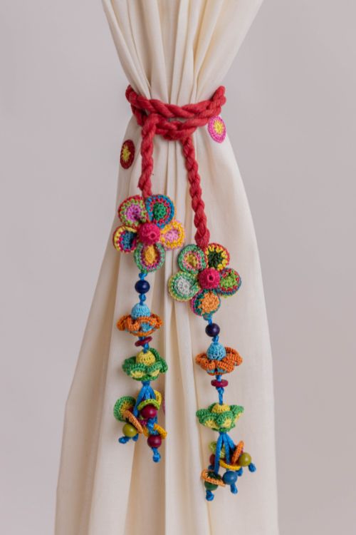 Samoolam Handmade Crochet Curtain Tie Backs Set Kono Multicolour Flower Bead Tassel