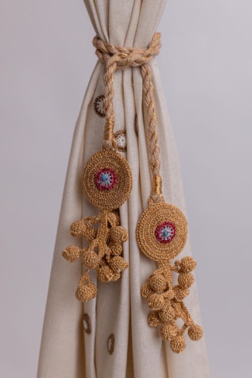 Samoolam Handmade Crochet Curtain Tie Backs Set Kono Copper Tikki & Beads
