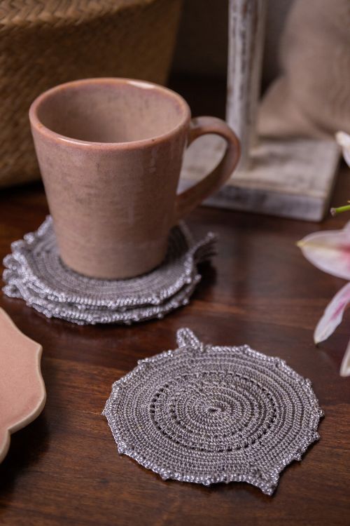 Samoolam Handmade Crochet Ziba Round Coasters Silver Charcoal