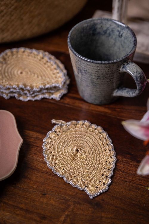 Samoolam Handmade Crochet Ziba Leaf Coasters Silver Beige