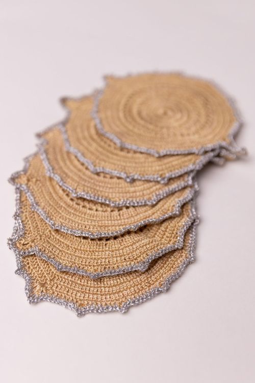 Samoolam Handmade Crochet Ziba Round Coasters Silver Beige