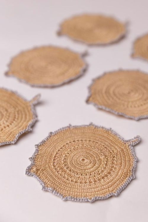 Samoolam Handmade Crochet Ziba Round Coasters Silver Beige