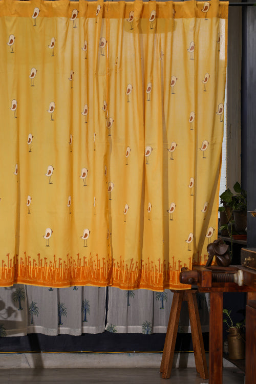 SootiSyahi 'Jungle Tale-Pastel Yellow' Handblock Printed Cotton WindowCurtain