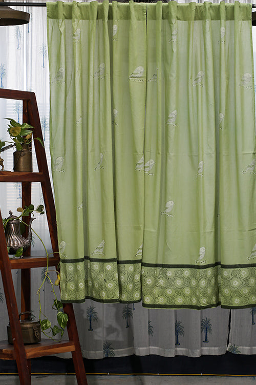 SootiSyahi 'Garden Sparrow- Pastel Green' Handblock Printed Cotton WindowCurtain