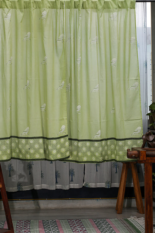 SootiSyahi 'Garden Sparrow- Pastel Green' Handblock Printed Cotton WindowCurtain