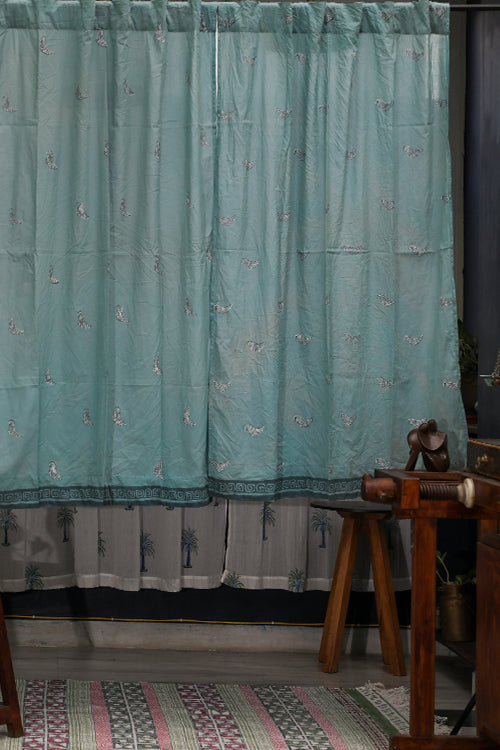 SootiSyahi 'Hiding Sparrow- Pastel Blue' Handblock Printed Cotton WindowCurtain