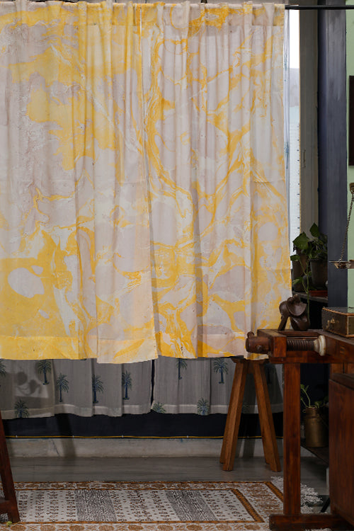 SootiSyahi 'Gray Fantasy'  Hand Marble Printed Cotton Window Curtain