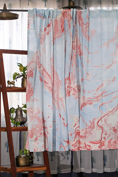 SootiSyahi 'Indigo Blossom'  Hand Marble Printed Cotton WindowCurtain