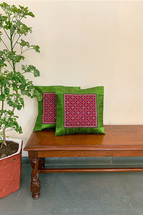 Shrujan ‘Tana Bana’ 30cm X 30cm Parrot Green Hand Embroidered Handloom Raw Silk Cushion Cover Pair