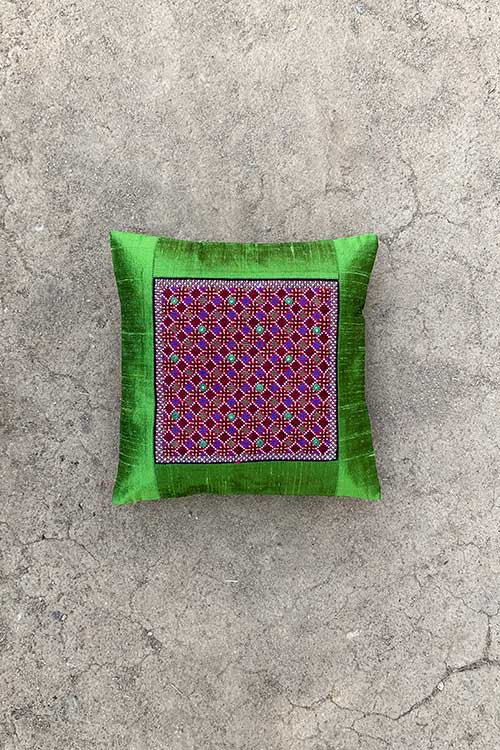 Shrujan ‘Tana Bana’ 30cm X 30cm Parrot Green Hand Embroidered Handloom Raw Silk Cushion Cover Pair