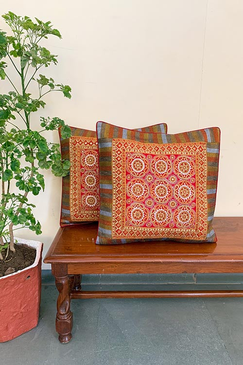 Shrujan ‘Zaya’ 40cm X 40cm Earthen Toned Hand Embroidered Handloom Cotton Cushion Cover Pair