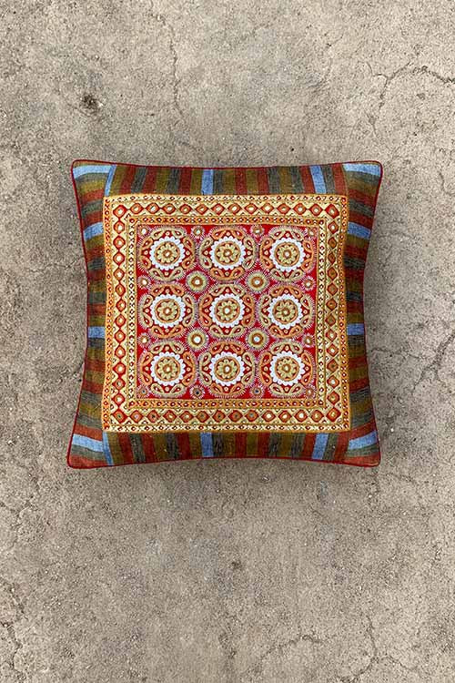 Shrujan ‘Zaya’ 40cm X 40cm Earthen Toned Hand Embroidered Handloom Cotton Cushion Cover Pair