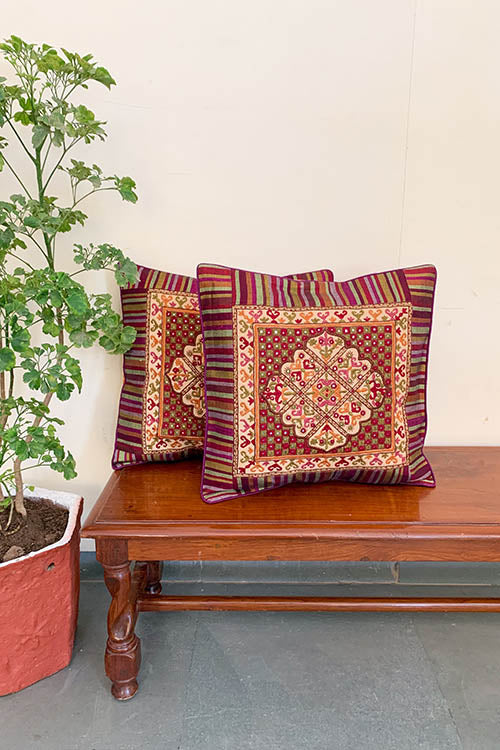 Shrujan ‘Jaipur’ 40cm X 40cm Multi-coloured Hand Embroidered Handloom Cotton Cushion Cover Pair