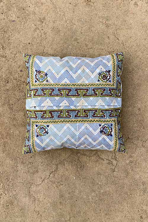 Shrujan ‘Maya’ 40cm X 40cm Chevron Print on White Hand Embroidered Discharge and Block Printed Cotton Cushion Cover Pair