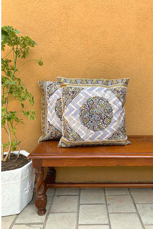 Shrujan ‘Maya’ 40cm X 40cm Chevron Print on White Hand Embroidered Discharge and Block Printed Cotton Cushion Cover Pair