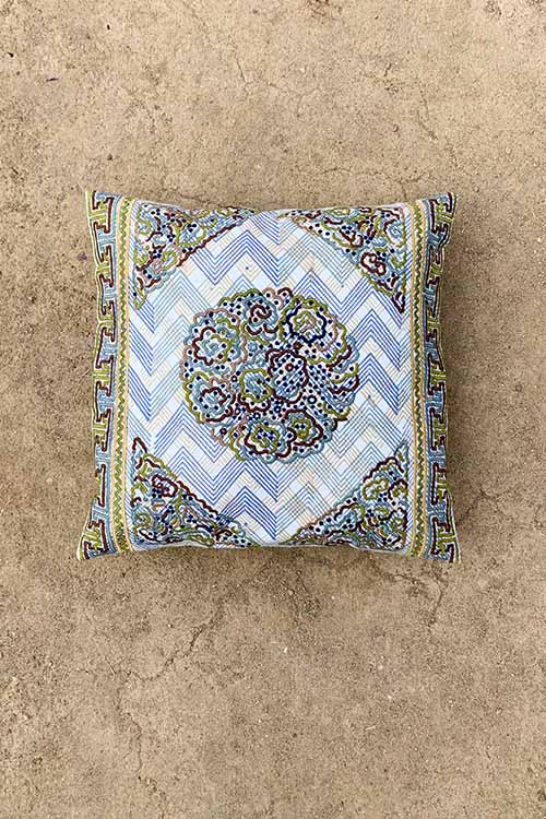 Shrujan ‘Maya’ 40cm X 40cm Chevron Print on White Hand Embroidered Discharge and Block Printed Cotton Cushion Cover Pair