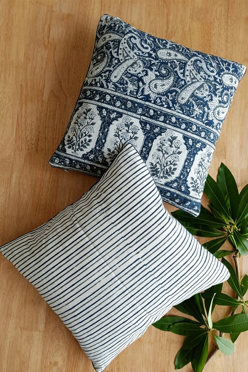 SootiSyahi 'Blue Paisley' Hand Printed Cotton Cushion Set Of Two