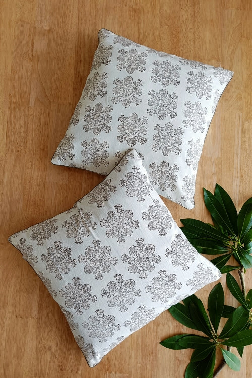 SootiSyahi 'Floral Lines' Hand Printed Cotton Cushion Set Of Two