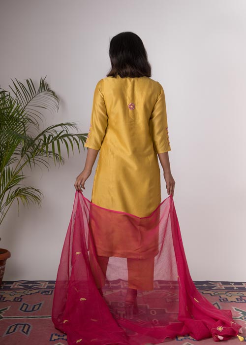 Urmul 'Champa'Hand Embroidered Ochre chanderi kurta . 2pc set (kurta and dupatta)