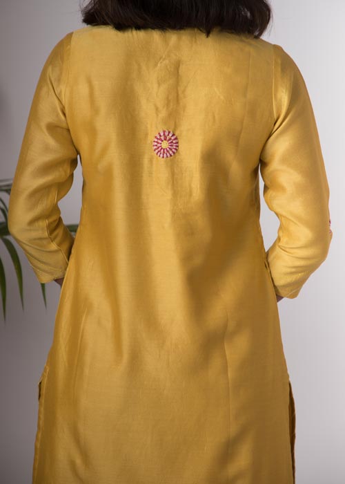 Urmul 'Champa'Hand Embroidered Ochre chanderi kurta . 2pc set (kurta and dupatta)