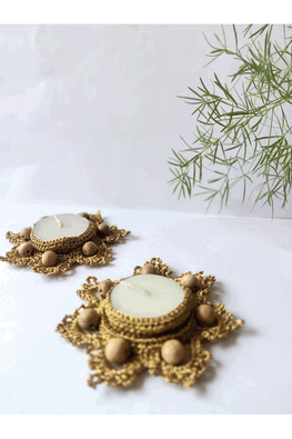 Handcrafted Eco-Friendly Crochet & Zari T-Light  with Wooden Beads Set of 2 "Svatanya"