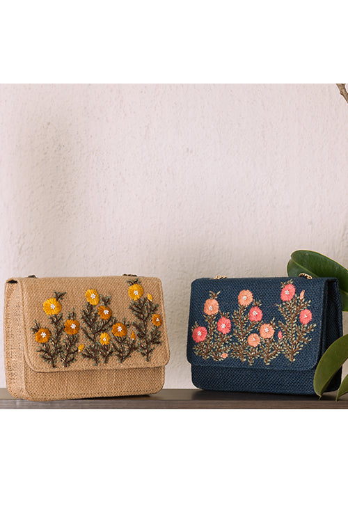 Beige Floral Embroidered Flap Sling Bag