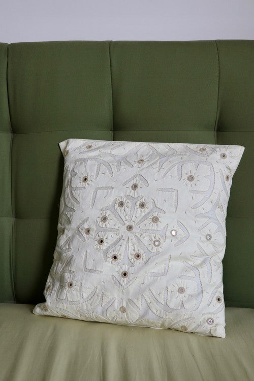 Okhai 'Home' Applique Mirror Work Pure Cotton Cushion Cover(Cream)