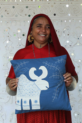Okhai 'Synchrony' Hand Embroidered Applique Cotton Cushion Cover