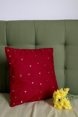 Okhai 'Home' Applique Mirror Work Pure Cotton Cushion Cover (Red)