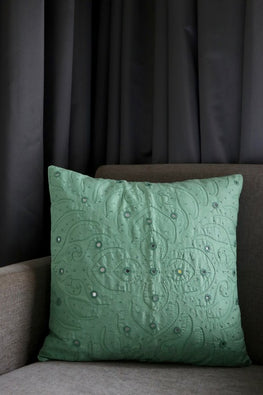 Okhai 'Home' Applique Mirror Work Pure Cotton Cushion Cover (Pastel Green)