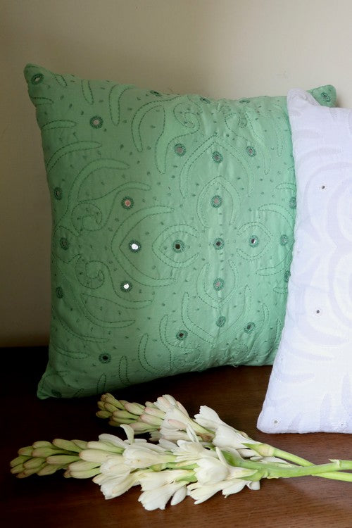 Okhai 'Home' Applique Mirror Work Pure Cotton Cushion Cover (Pastel Green)