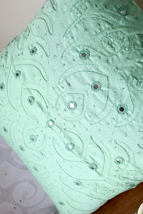 Okhai 'Home' Applique Mirror Work Pure Cotton Cushion Cover (Pastel Gr ...