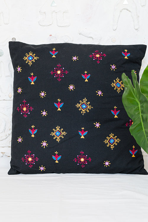 Okhai 'Clover' Hand Embroidered Mirror work Cotton Handloom Cushion Cover