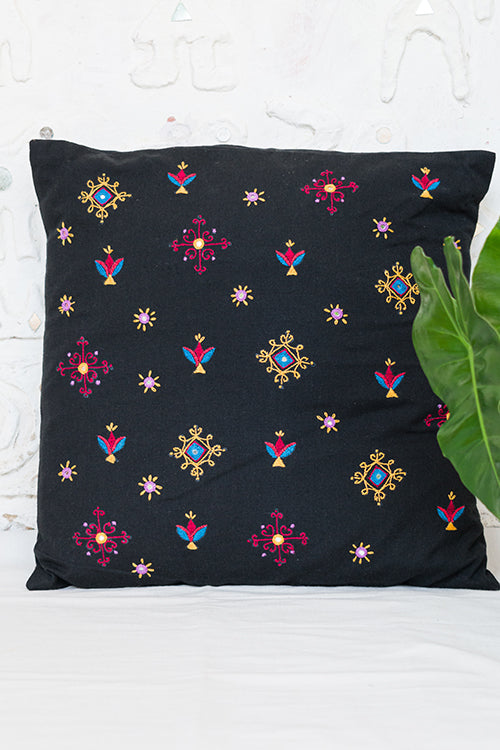 Okhai 'Clover' Hand Embroidered Mirror work Cotton Handloom Cushion Cover