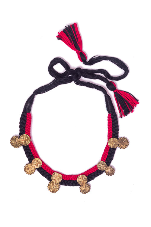 Miharu Red-Black Brass Thread Choker Necklace D19a